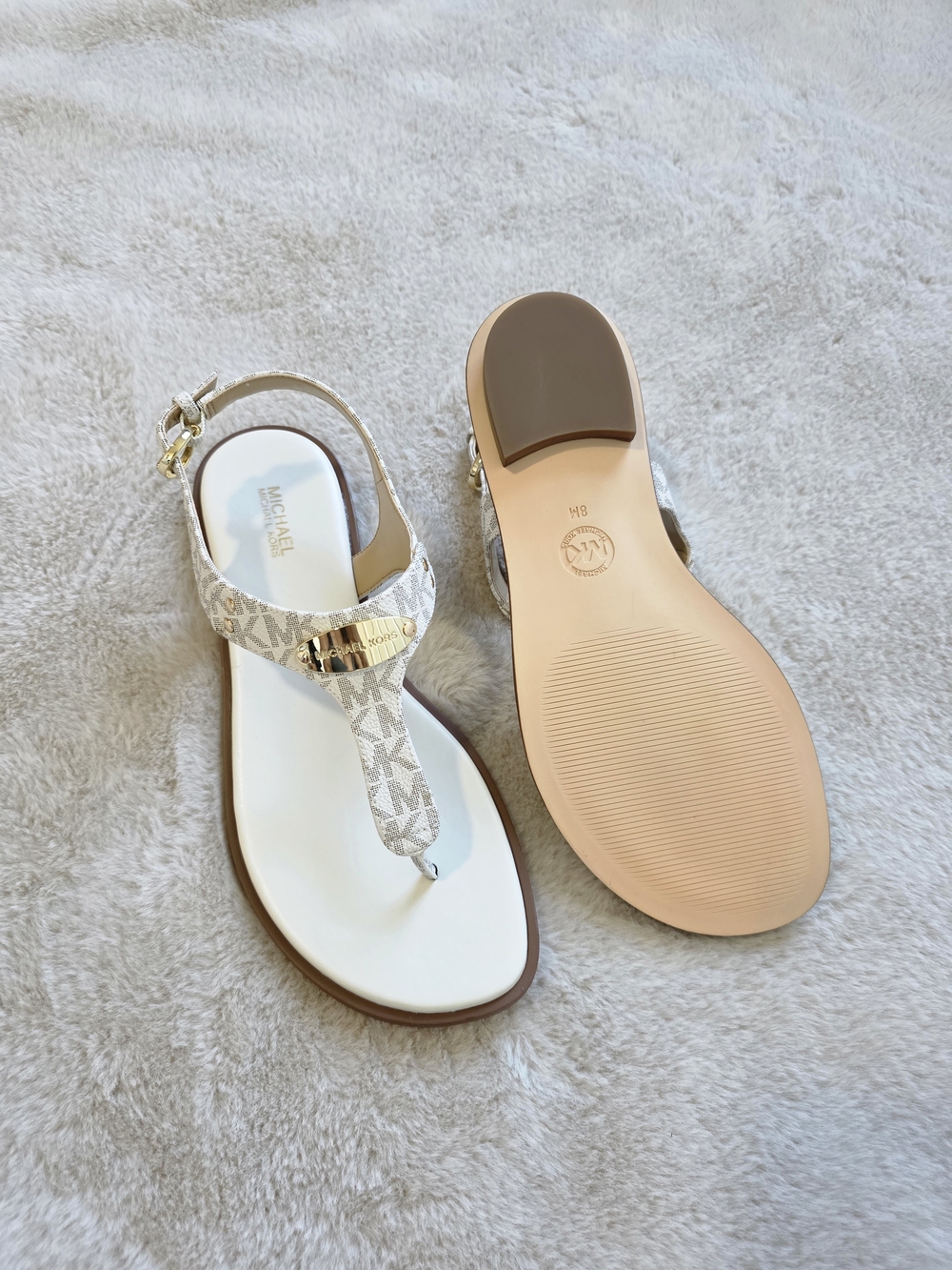 Michael Kors Cream/White Logo Thong Sandals with Gold Hardware - Picture 3 of 4
